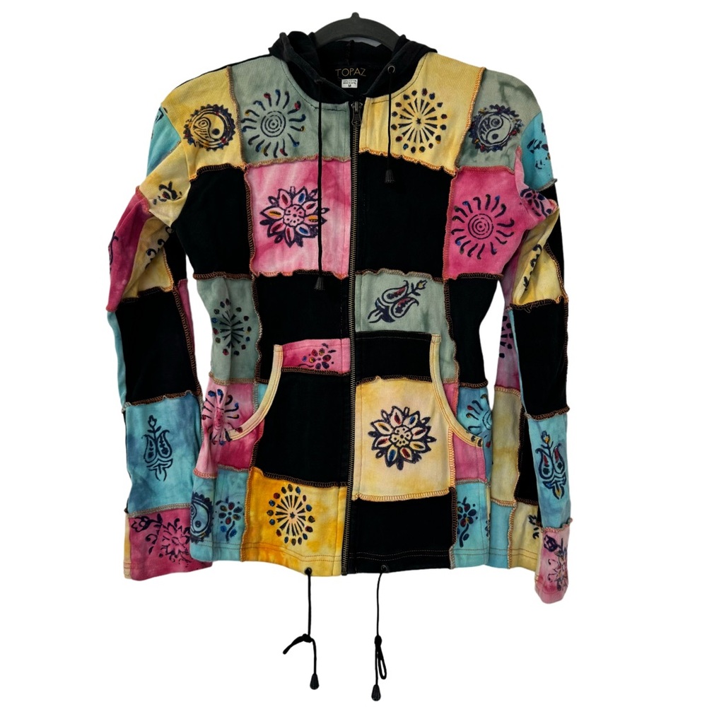 Topaz y2k Hippie Tie Dye Fairy Patchwork Boho Forest Nymph Zip Up Hoodie  Size M